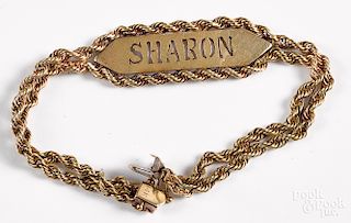 14K yellow gold bracelet, inscribed Sharon, 11.2