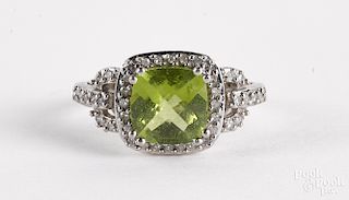 10K white gold, diamond and green stone ring, 2.2