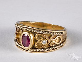 14K yellow gold and precious stone ring, 3.9 dwt.