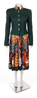 An HermËs Vintage Green Wool Cashmere Reversible Jacket, Skirt and Blouse Ensemble, Jacket size 42; Skirt size 42; Shirt size 38