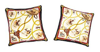 A Pair of HermËs Silk Scarf Pillows, 34" x 36" x 13".