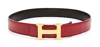 An HermËs Reversible Red Box Calf Constance H Belt, 33" x 1.25".