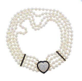 14k Gold Diamond Sapphire Pearl Necklace 