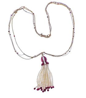 18k Gold Diamond Pearl Tassel Pendant Necklace 