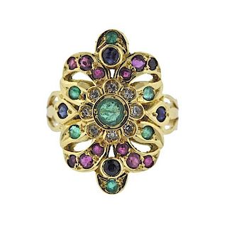 18k Gold Diamond Ruby Emerald Sapphire Ring 