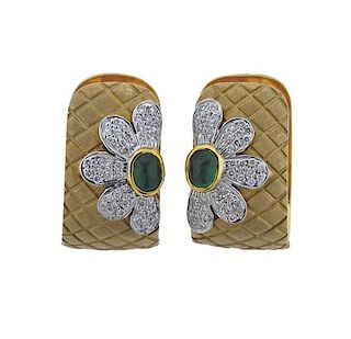 18k Gold Diamond Emerald Hoop Earrings 