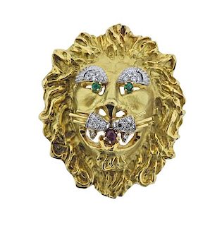 Hammerman Bros. 18k Gold Diamond Emerald Ruby Lion Brooch 