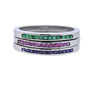 18K Gold Emerald Sapphire Three Band Ring Set