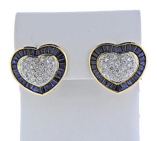 14k Gold Diamond Sapphire Heart Earrings 