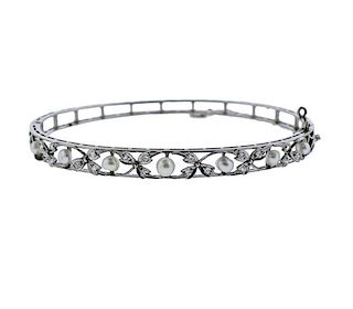Platinum Diamond Pearl Bangle Bracelet 
