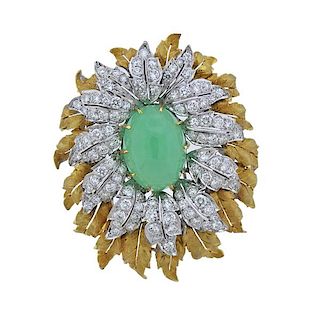 18k Gold Jade Diamond Brooch Pin 