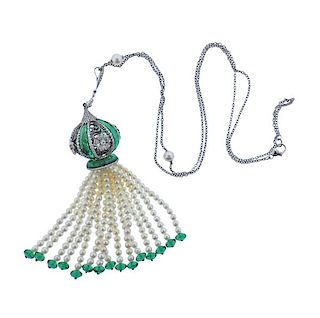 18k Gold Diamond Pearl Green Stone Tassel Pendant Necklace 