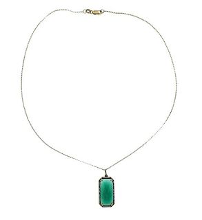 14k Gold Diamond Green Agate Pendant Necklace 