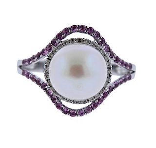 14k Gold Pearl Diamond Pink Sapphire Ring 