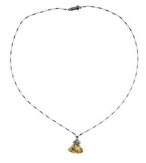 14k Gold Diamond Citrine Pendant Necklace 