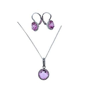 14k Gold Diamond Pink Gemstone Necklace Earrings Set 