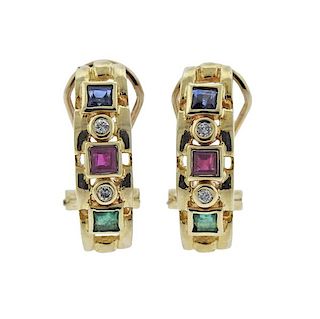 14k Gold Diamond Emerald Ruby Sapphire Earrings 