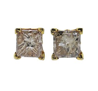 14k Gold 3.16ctw Princess Diamond Stud Earrings 