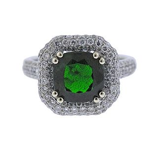 14k Gold Green Gemstone Diamond Ring 
