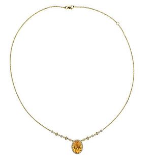 18k Gold Citrine Diamond Pendant Necklace 