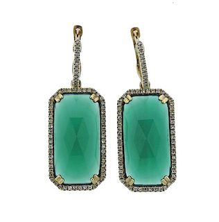 14k Gold Green Agate Diamond Earrings 