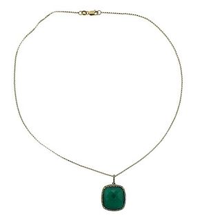 14k Gold Diamond Green Agate Diamond Pendant Necklace 
