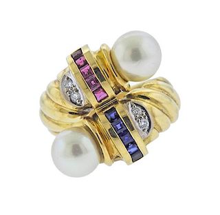 Movado 18K Gold Diamond Pearl Ruby Sapphire Ring
