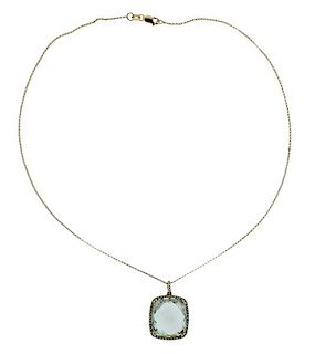 14K Gold Diamond Green Amethyst Pendant Necklace