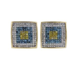 14K Gold White Yelow Blue Diamond Earrings