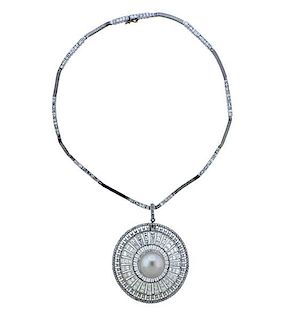 Signed Mauboussin 17ctw Diamond Pearl Platinum Pendant with Necklace 