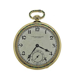 Movado Art Deco 14k Gold Enamel Chronometer Thin Pocket Watch 