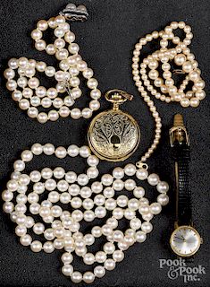 Three pearl necklaces, together with watches