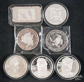 Six hockey subject 1 ozt. fine silver coins, etc.