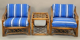 Three piece bamboo set to include two club chairs with cushions and a side table (no glass for table)