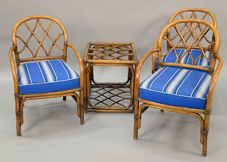Four piece bamboo set to include three armchairs with cusioned seats and a side table (no glass for table)