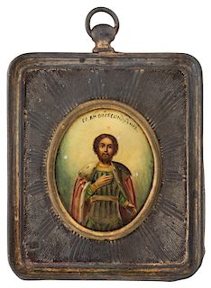 A RUSSIAN MINIATURE SILVER GILT TRAVELING ICON OF ST. ALEXANDER NEVSKY, MOSCOW, 1830-1861