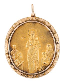 A RUSSIAN MINIATURE GOLD-ENCASED PENDANT ICON OF THE MOTHER OF GOD, 1840