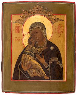 A RUSSIAN ICON OF THE VLADIMIRSKAYA MOTHER OF GOD, 19TH CENTURY