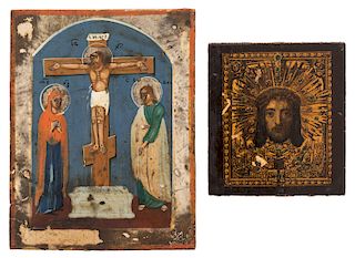 A PAIR OF RUSSIAN MINIATURE ICONS: THE NERUKOTVORNAYA AND THE CRUCIFIXION, 19TH CENTURY