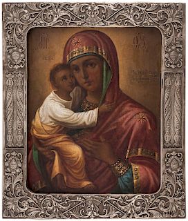 A RUSSIAN ICON OF THE THEOTOKOS OF VLADIMIR WITH ELABORATE SILVER OKLAD, MOSCOW, 1908-1917