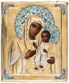 A RUSSIAN ICON OF THE IVERSKAYA MOTHER OF GOD WITH SILVER GILT AND CLOISONNE ENAMEL OKLAD, MOSCOW, 1908-1917