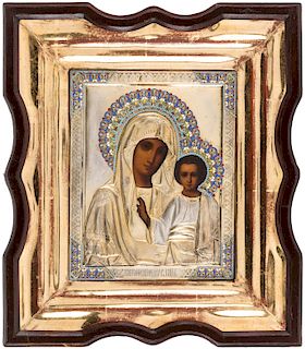 A RUSSIAN ICON OF THE MOTHER OF GOD OF KAZAN WITH SILVER GILT AND ENAMEL OKLAD, ODESSA, 1908-1917