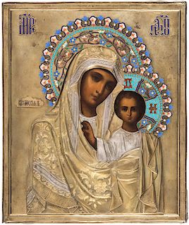 A RUSSIAN ICON OF THE KAZANSKAYA MOTHER OF GOD WITH SILVER-GILT AND ENAMEL OKLAD, MOSCOW, 1908-1917