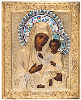 A RUSSIAN ICON OF THE THEOTOKOS OF TIKHVIN WITH SILVER GILT AND ENAMEL OKLAD, MOSCOW, 1908-1917