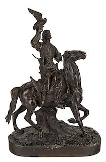 A BRONZE SCULPTURE OF A FALCONER, BASED ON THE MODEL BY EVGENY NAPS (RUSSIAN 19TH-20TH CENTURY), CIRCA 1900-1910
