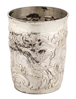A RUSSIAN REPOUSSE SILVER BEAKER, MOSCOW, 1760-1777