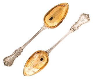 A RUSSIAN PAIR OF SILVER GILT SERVING SPOONS, WORKMASTER HENRIK AUGUST LONG, RETAILED BY NICHOLS AND PLINKE, ST.PETERSBURG, 1840