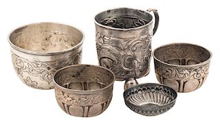 A RUSSIAN SILVER SET OF FOUR BOWLS AND A CUP, MOSCOW, 18TH CENTURY