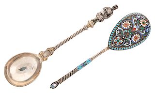A RUSSIAN SET OF TWO SILVER AND ENAMEL SPOONS, WORKMASTER OKOROKOV PAVEL, MOSCOW, ODESSA, LATE 19TH CENTURY
