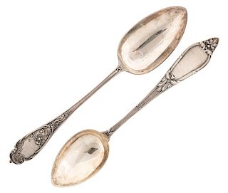 A RUSSIAN PAIR OF TWO SILVER SERVING SPOONS, WORKMASTER GUSTAV KLINGERT, MOSCOW, 1908-1917